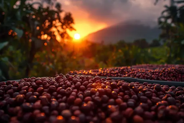 Natural processed Arabica coffee beans drying in the sun, Rwenzori Mountains Uganda