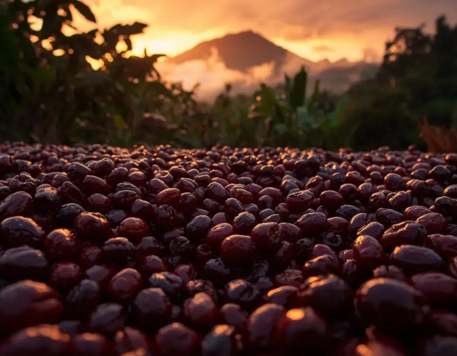 Natural processed Arabica coffee drying in the sun with Rwenzori Mountains in background