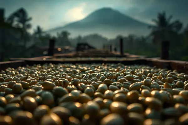 Washed Arabica coffee cherries drying on raised beds, Mt. Elgon Uganda