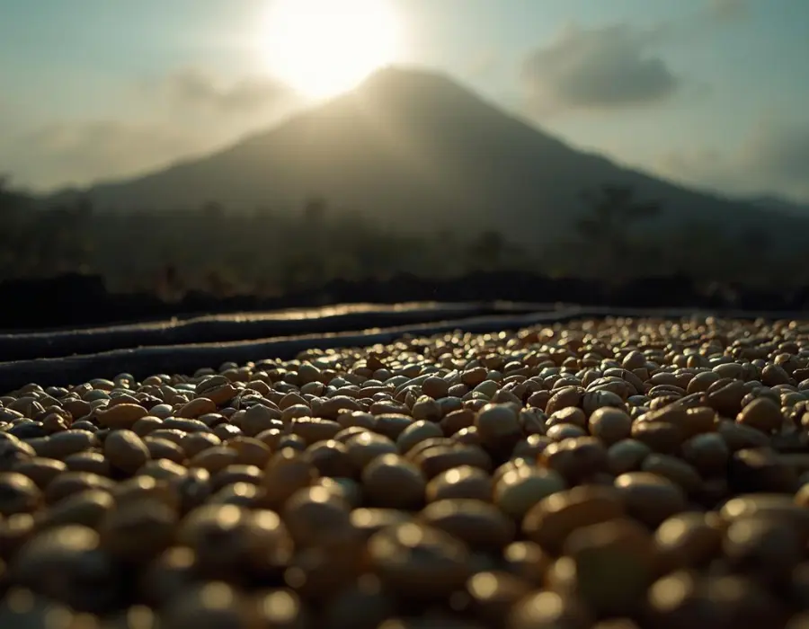 Arabica coffee cherries drying on raised beds, Mt. Elgon Uganda with farmers sorting beans