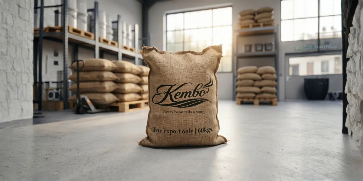 Two Kembo coffee bags in white and black with gold branding, displayed on a wooden table with coffee beans