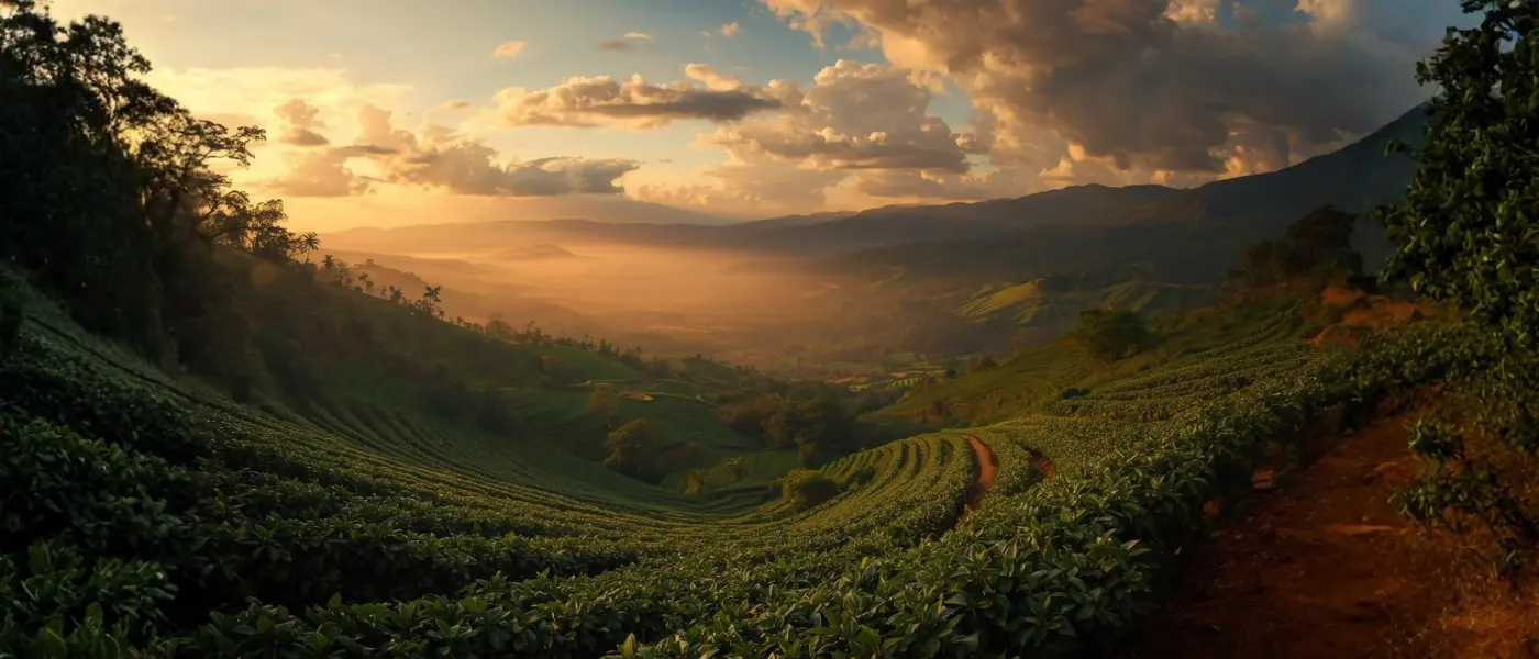 Panoramic view of Ugandan highlands with coffee farms stretching to the horizon