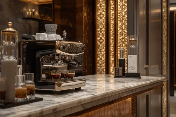 Cafe-roastery interior with espresso machine and freshly roasted beans