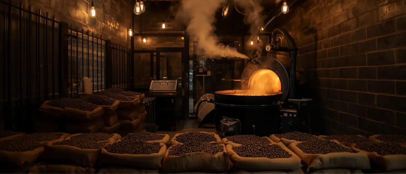 Panoramic view of specialty coffee roastery with equipment and bags of green coffee